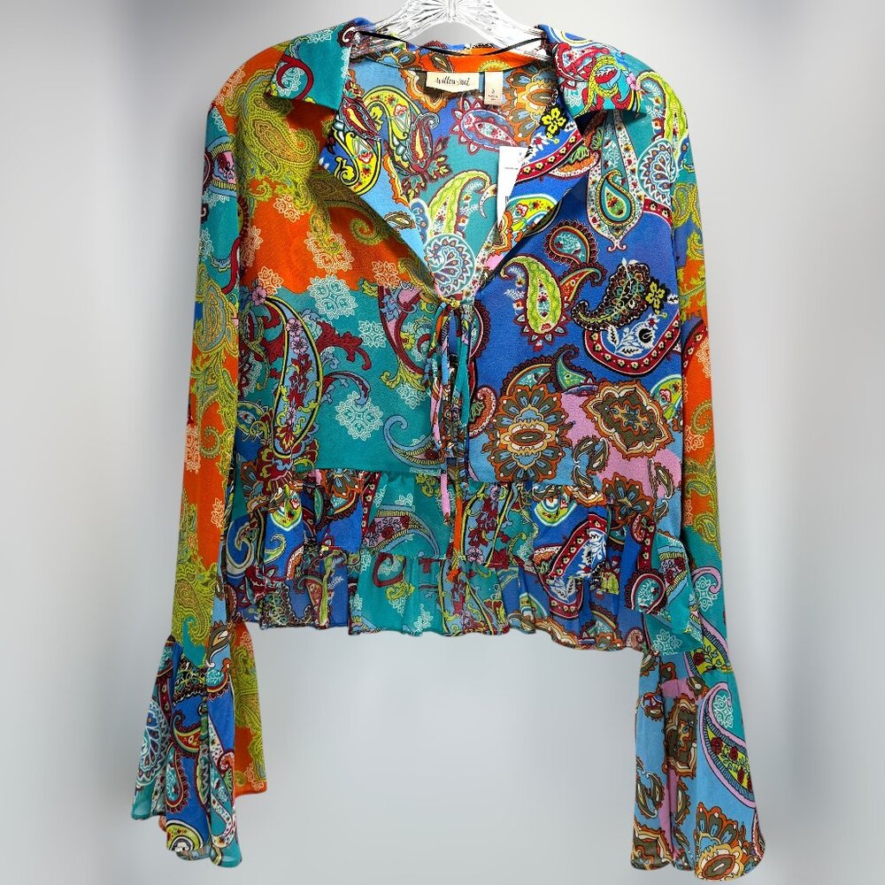 Willow Root Boho Paisley Tie Front Blouse Size Small Multi Long Sleeve